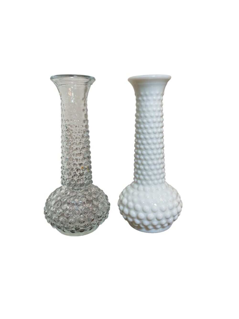 Vintage EO Brody Bud Vases - Set!  Clear Glass and Milk Glass Hobnail pattern